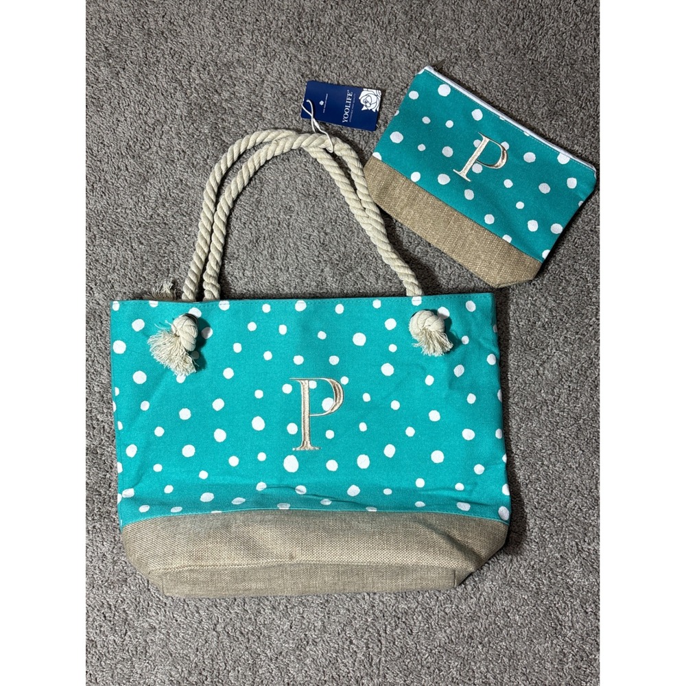 Yoolife Teal Polka‎ Dot Monogram P Beach Tote Bag and Pouch Set Nautical Rope